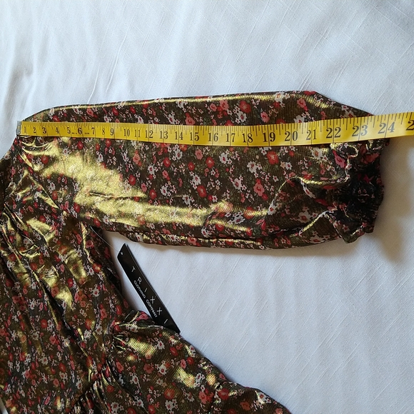 Metallic Chiffon Flowered Fit&Flare Long Sleeves Mini Dress Mock Neck Sz Medium - Picture 13 of 15